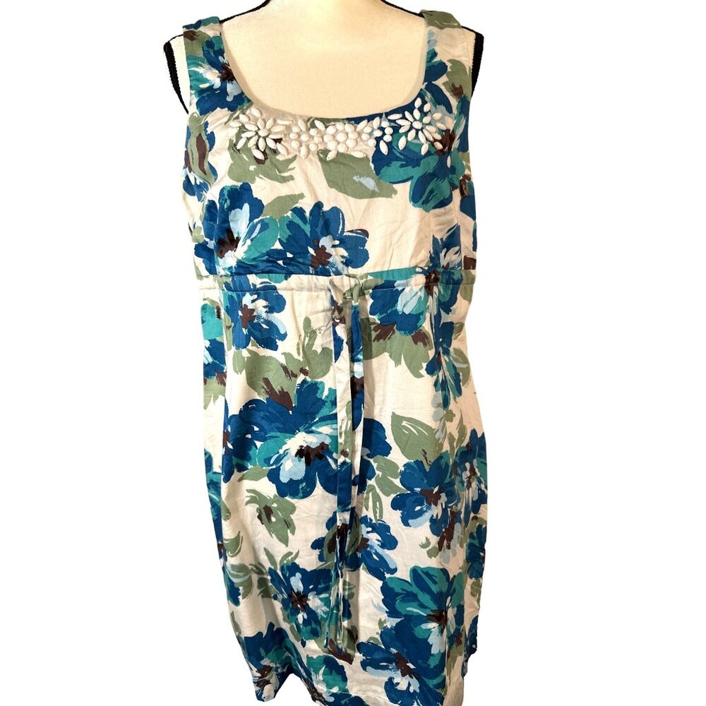 Sleeveless Floral Blue Dress 12P Ann Taylor Loft Sheath Beaded Neck Resort